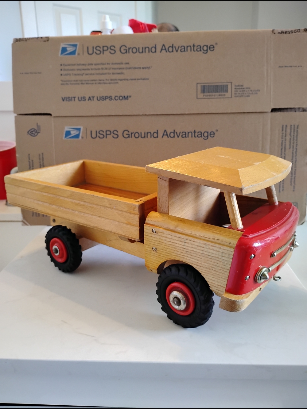Vintage Wooden Toy Truck Handmade Folk Art Red Pickup Veith Rubber Tires